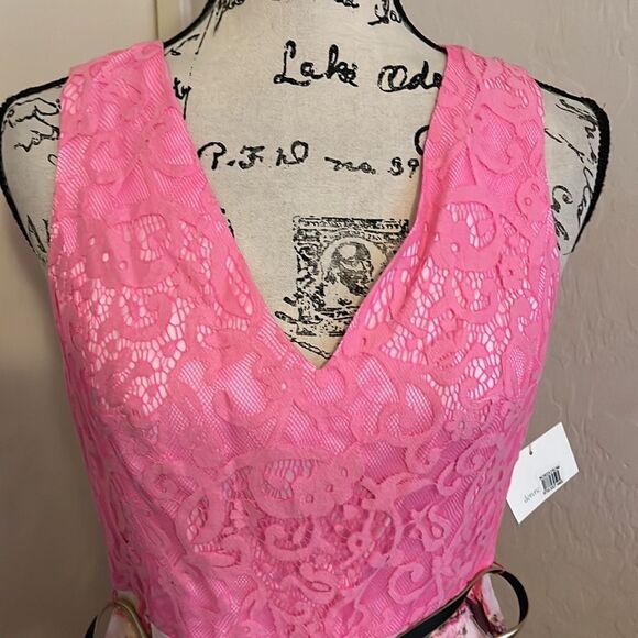 Donna Morgan Fit & Flare V-Neck Pink Lace Mixed Media Multi Floral Print Dress - Picture 6 of 15